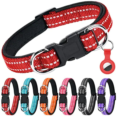 AUAUY Reflective Nylon Dog Collars Adjustable Classic Pet Collars with Soft Neoprene Padding Double Security Dual D-Ring and Quick Release Buckle for Small Puppy Medium and Large Dogs (Red-L) - Ayora Pets