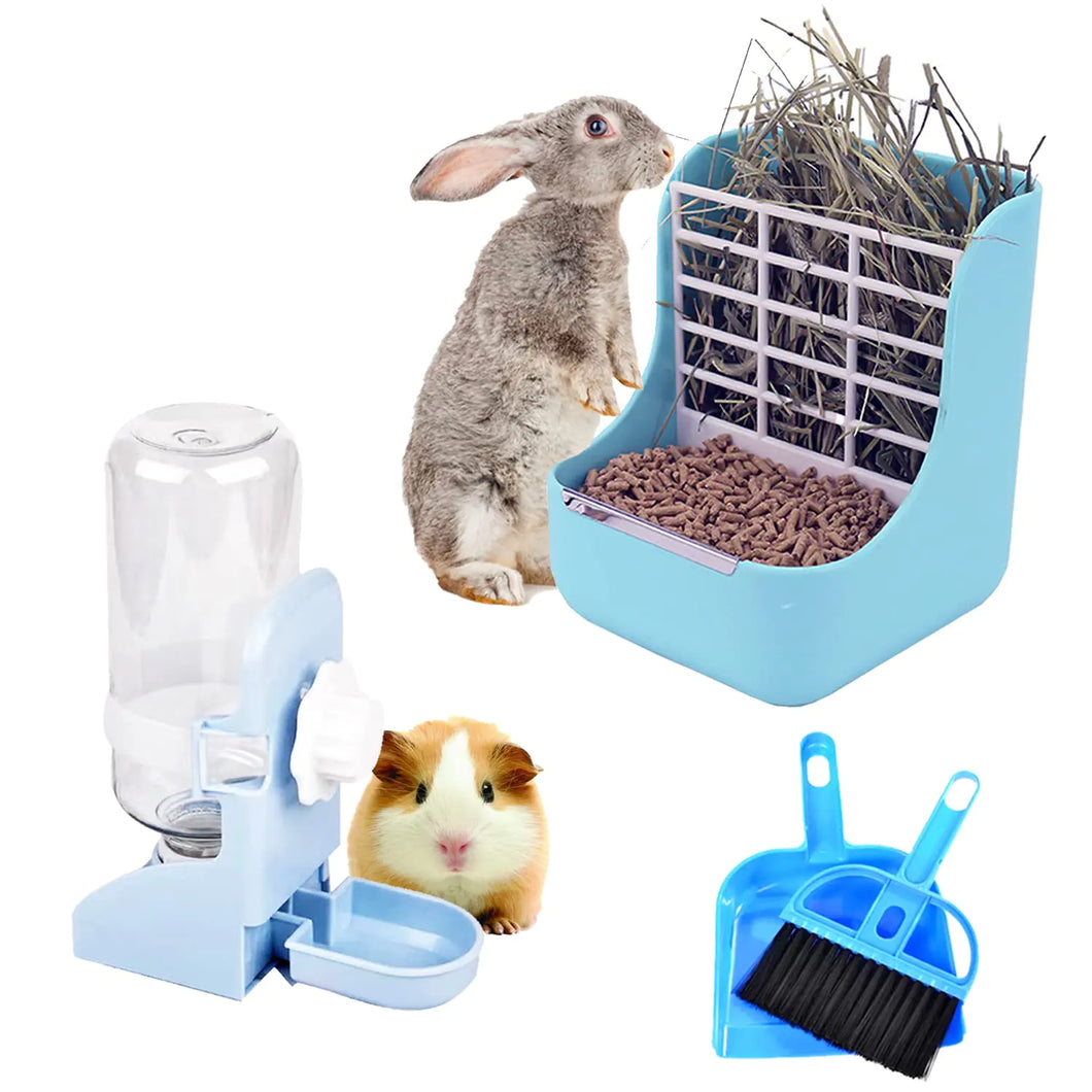 HERCOCCI PET Feeder and Water Bottle Set Large Blue (500ml) Durable Hay Food Bin Feeder Food Bowl Gravity-Fed Water Dispenser for Rabbit Guinea Pig Chinchilla - Ayora Pets