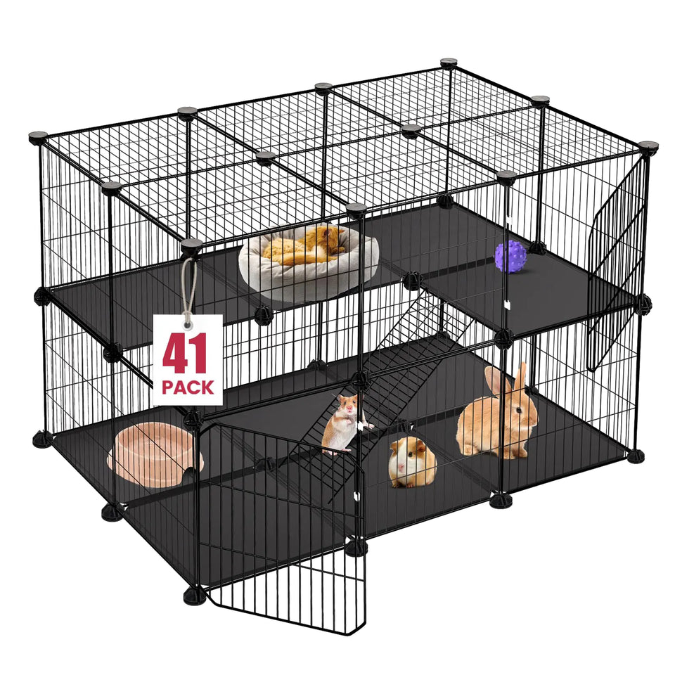 VISCOO 41 Panels Pet Playpen Small Animal Playpen with 2 Doors C&C Cage for Guinea Pigs Rabbit Bunny Hedgehogs Chinchillas Puppy Playpen Indoor Outdoor Two-Story Metal Wire Yard Fence - Ayora Pets