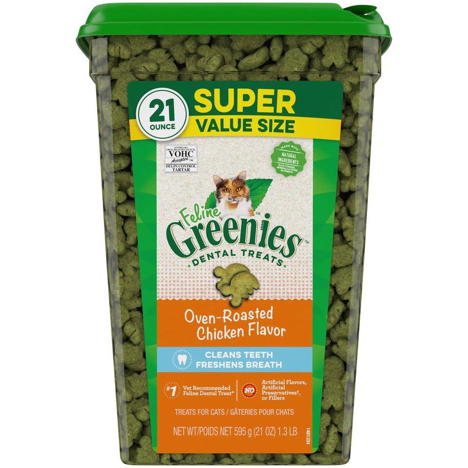 FELINE GREENIES Natural Dental Care Cat Treats Oven Roasted Chicken Flavor 21 oz. Tub - Ayora Pets