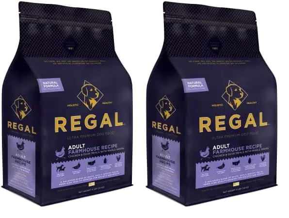 Regal Pet Foods Adult Farmhouse Recipe (Chicken and Duck) All Natural Slow Cooked Whole Grain Dry Dog Food for All Breeds and Sizes of Adult Dog - Made in The USA 4 LB Bag (Pack of 2) - Ayora Pets