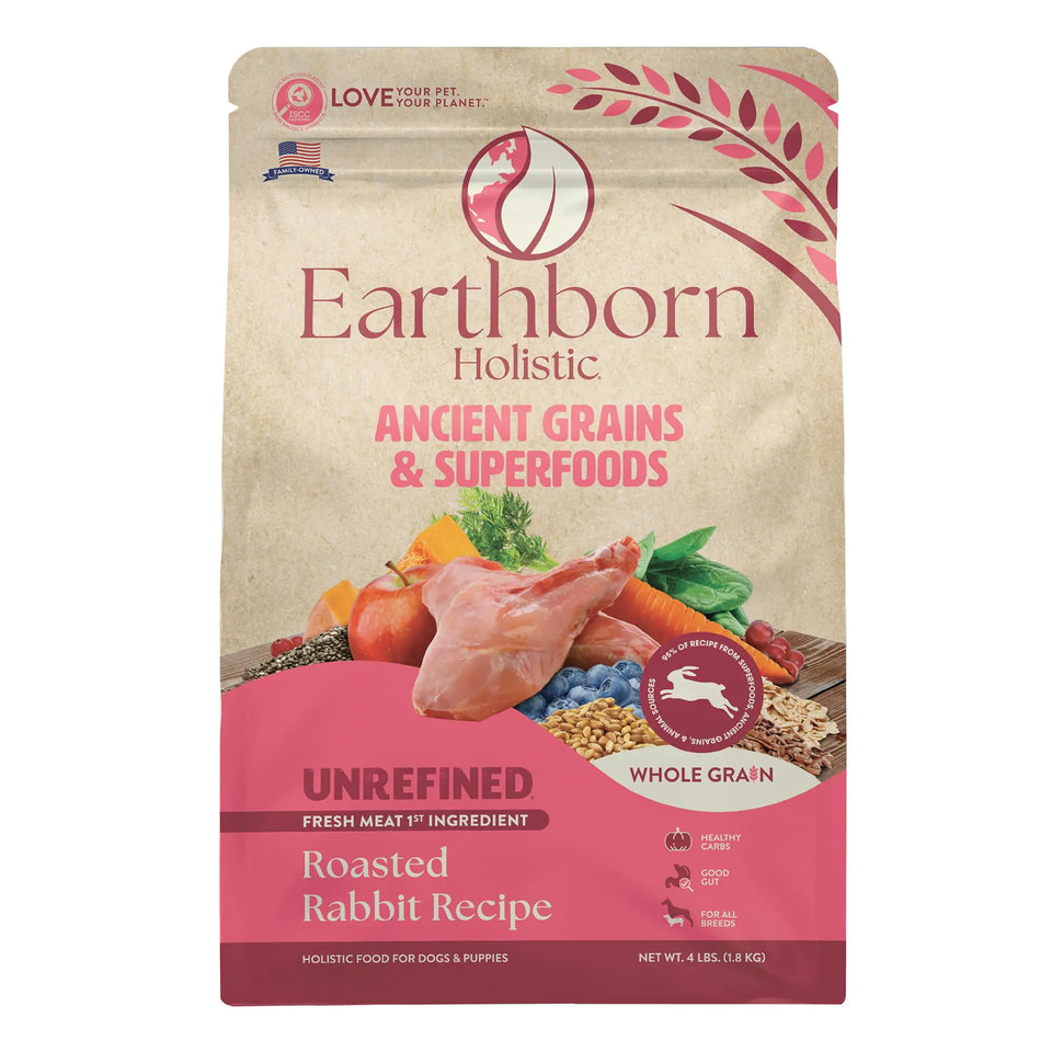 Earthborn Holistic Unrefined Roasted Rabbit with Ancient Grains & Superfoods Dry Food for Dogs & Puppies (4 lb. Bag) - Ayora Pets