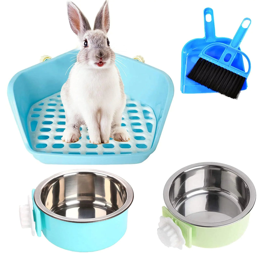 kathson Bunny Potty Trainer Corner Pan Rabbit Toilet Guinea Pig Litter Box with 2 Pack Pet Removable Hanging Crate Bowls for Small Animal - Ayora Pets