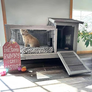 Aivituvin Wooden Rabbit Hutch with Removable Wire Floor Grid Bunny Cage with Deeper Leakproof Tray 4 Wheels Include - Ayora Pets