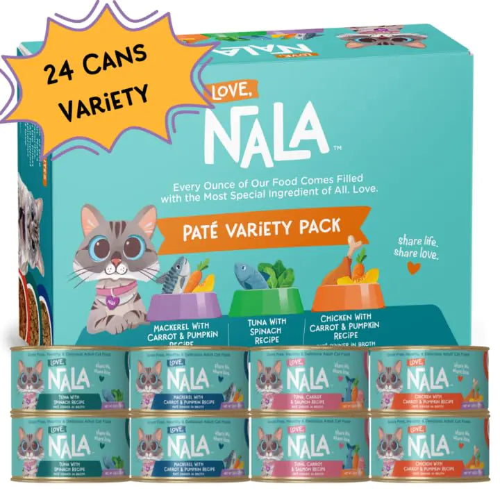 LOVE NALA Wet Cat Food Pate Recipe - Grain Free Wet Cat Food in Broth Natural Cat Pate Wet Food Adult Cat Food Wet - Chicken & Fish Variety - 24 Pack - Ayora Pets
