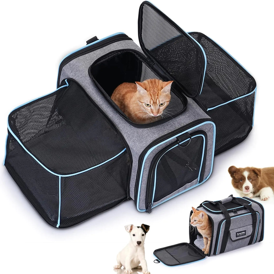 SweetBin 2 Sides Travel Expandable Pet Carrier Bag (Large) Airline Approved Soft-Sided Cat Carrier with Pad & Pocket & Removable Shoulder Strap - 18