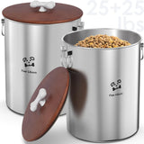 2PK 24-25 Lbs total 50 lbs Stainless Steel Airtight Dog Food Containers with Wooden Lid to Keep Fresh Metal Dog Food Storage Container with Ceramic Handle Easy Clean Dog Food Bin Cat Food Container - Ayora Pets