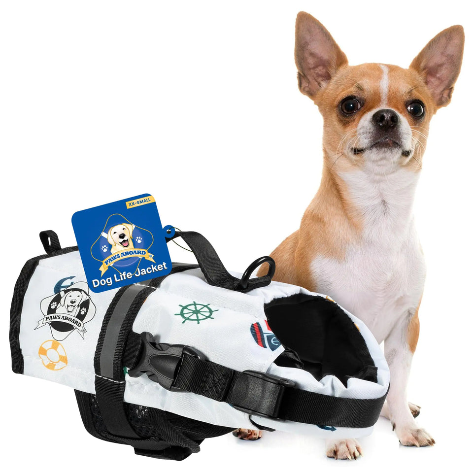 Paws Aboard Dog Life Jacket - Keep Your Canine Safe with a Nylon Life Vest - Designer Life Jackets - Perfect for Swimming and Boating - Nautical Dog XX-Small - Ayora Pets
