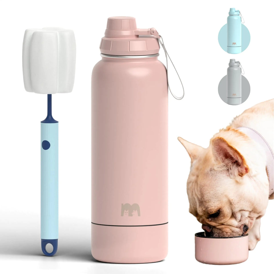 Miracle Pets Portable Dog Water Bottle with Bowl Attached 32oz Insulated Stainless Steel Water Bottles for Sports Hiking Easy Handle Dog Travel Accesories Portable Dog Bowl (Misty Rose) - Ayora Pets