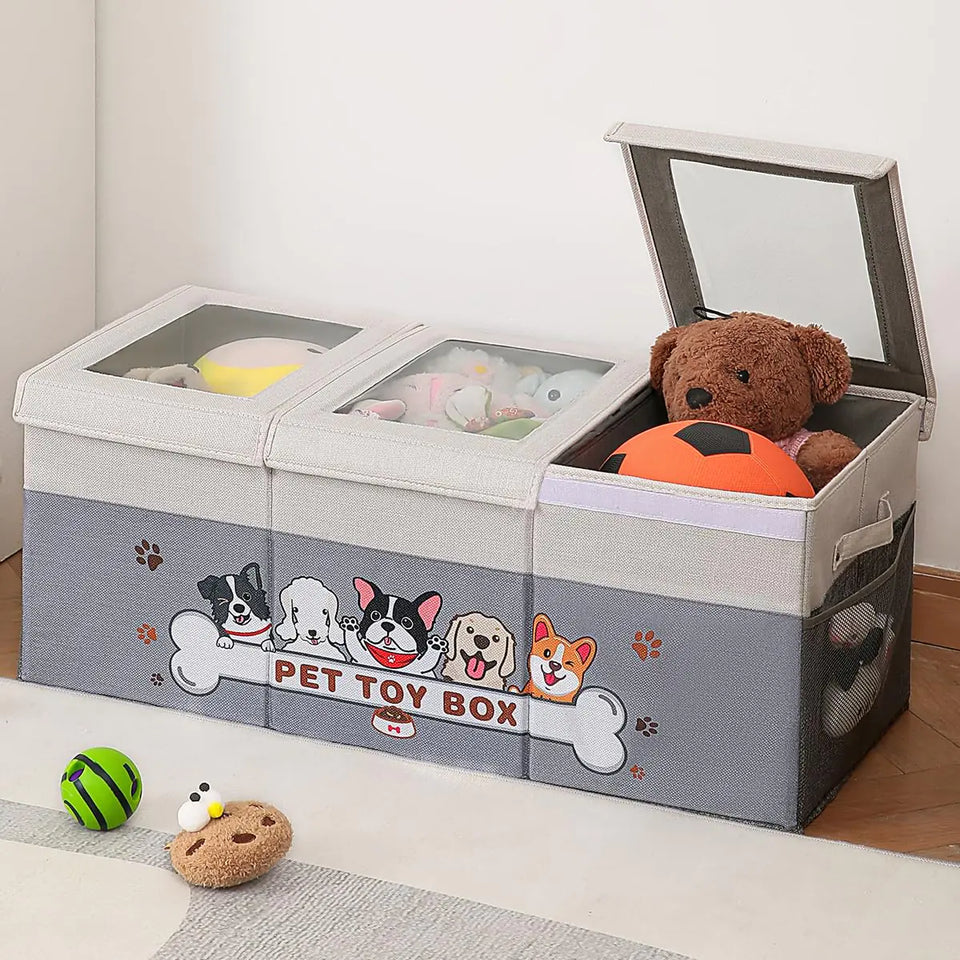 Garlloupath Dustproof Dog Toy Box With Transparent Lid 3 Grids Dog Toy Bin Extra Large Dog Toy Storage Holder Container Foldable Dog Toy Chest - Ayora Pets