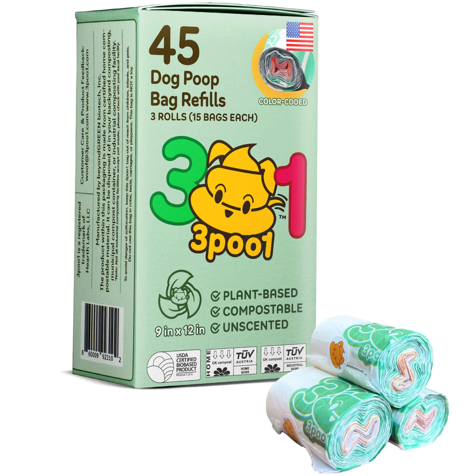 Poop Bags for Dogs - Certified Compostable Pet Dog Poop Bags Rolls Refill Made in USA 45 Bags (3 Rolls) - Leakproof Extra Thick Pet Waste Eco Friendly Plant Based Material Color Coded for Easy Use - Ayora Pets