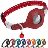 BUDKAS Leather AirTag Cat Collar with Metal Buckle - Reflective Non Breakaway Cat Collars with Apple AirTag Holder and Bell - GPS Tracking Pet Collars for Boy Girl Small Dogs Kitten Puppy (Red) - Ayora Pets